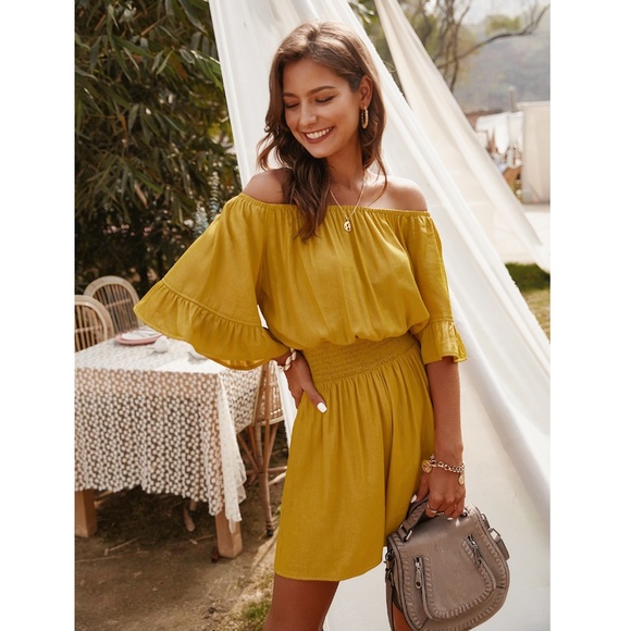 Mustard Yellow Off Shoulder Ruffle Detail Romper - Picture 2 of 7
